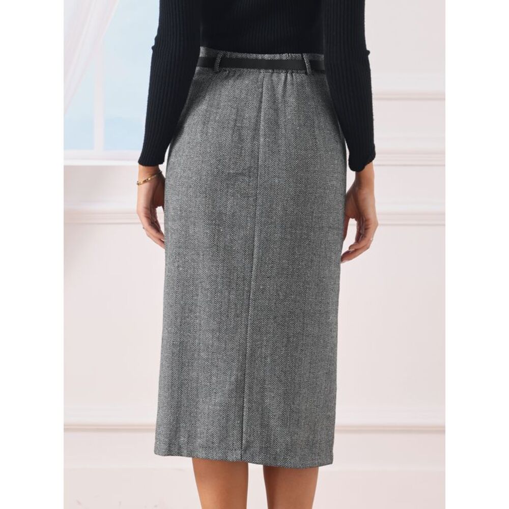 Women's Midi Pencil Skirt Fall Winter Slit Office Skirts with Belt Black White - Picture 3 of 5